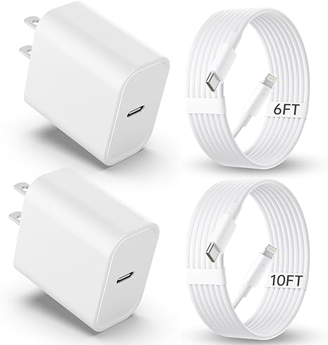 iPhone Fast Charging【MFi Certified】2 Pack 20W PD USB C with 6 & 10FT USB C to Lightning Cable