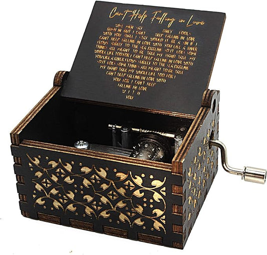 Can't Help Falling in Love Wood Music Box, Antique Engraved Musical Box