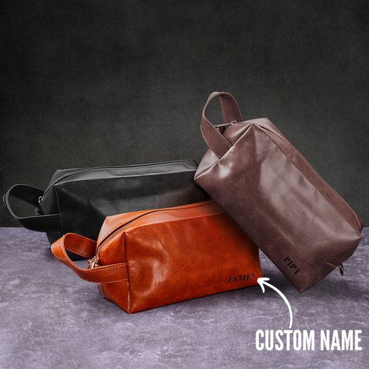 Tailored Travels: Engraved Leather Grooming Bag for Men